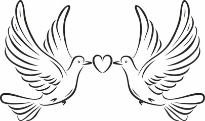 Vector monochrome loving flying doves with a heart in their beak. Bird of love and hope.