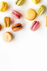 Macarons dessert pattern on white background top view copy space