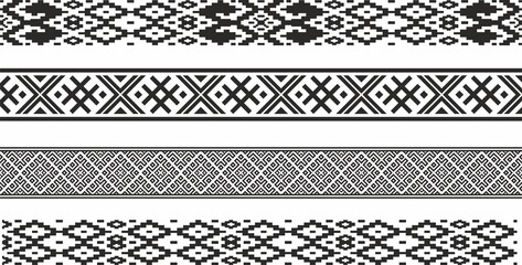 Vector set of monochrome seamless Belarusian national ornament. Ethnic endless black border, Slavic peoples frame..