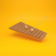 Wooden xylophone floating on a yellow background, 3d render