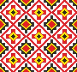 Vector colored seamless Ukrainian national ornament, embroidery. Endless ethnic floral border, Slavic peoples frame. Red cross stitch.