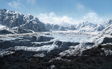 Fantastic Winter Epic  Landscape of Mountains. Celtic Medieval forest. Frozen nature. Glacier in the mountains. Mystic Valley. Artwork sketch. Gaming background. Dark Canyon. Book Cover and Poster.	 