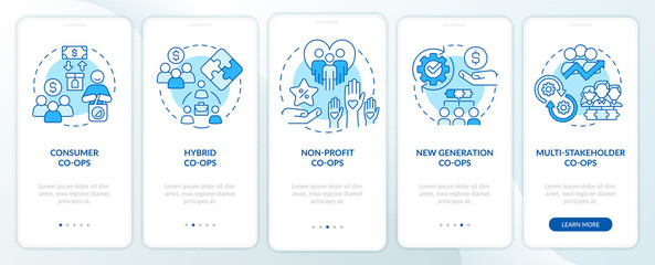 Fototapeta na wymiar Types of business co-ops blue onboarding mobile app screen. Corporate walkthrough 5 steps graphic instructions pages with linear concepts. UI, UX, GUI template. Myriad Pro-Bold, Regular fonts used
