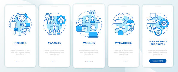 Categories of members blue onboarding mobile app screen. Business walkthrough 5 steps graphic instructions pages with linear concepts. UI, UX, GUI template. Myriad Pro-Bold, Regular fonts used - obrazy, fototapety, plakaty