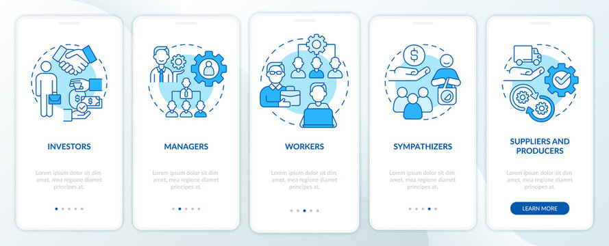 Categories of members blue onboarding mobile app screen. Business walkthrough 5 steps graphic instructions pages with linear concepts. UI, UX, GUI template. Myriad Pro-Bold, Regular fonts used