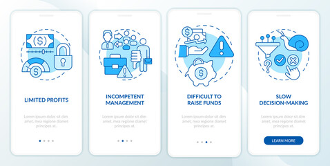 Problems of co-ops blue onboarding mobile app screen. Partnership issues walkthrough 4 steps graphic instructions pages with linear concepts. UI, UX, GUI template. Myriad Pro-Bold, Regular fonts used