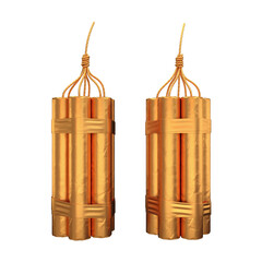 A set of gold dynamite sticks, a large bunch on a white background, 3D render