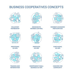 Business cooperatives turquoise concept icons set. Cooperative work idea thin line color illustrations. Membership. Isolated symbols. Editable stroke. Roboto-Medium, Myriad Pro-Bold fonts used
