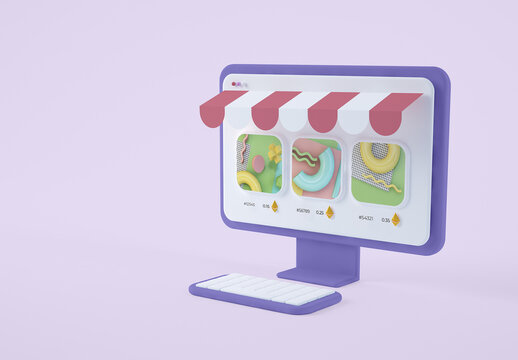 Nft Web Shop on Computer Screen Cartoon Style