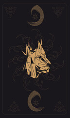 Tarot card back design, back side.  Leo symbol of the Sun, two moons and stars