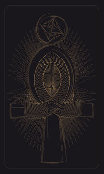 Tarot card back design, back side.  Ujat, eye of Horus. Ankh, Coptic cross, Egyptian cross