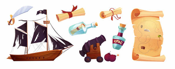 Pirates set icons in cartoon style. Flag with white skull and crossing bones. Parchment pirate's treasure map, bottle.