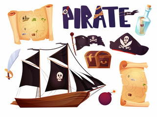 Pirates set icons in cartoon style. Flag with white skull and crossing bones. Pirate's treasure map, bottle, paper