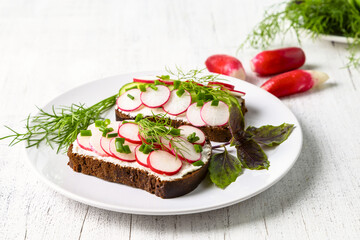 Healthy sandwiches with radish, cucumber, cottage cheese, sprinkled with green onions and pink pepper