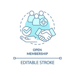 Open membership turquoise concept icon. Cooperative society advantage abstract idea thin line illustration. Recruitment. Isolated outline drawing. Editable stroke. Arial, Myriad Pro-Bold fonts used