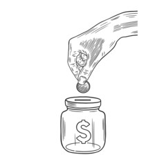 Human hand putting a coin into a glass
jar with dollar sign. Vector illustration isolated on white background
