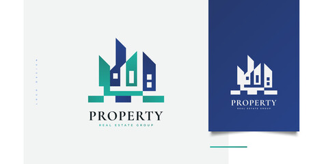 Obraz premium Abstract and Futuristic House Logo Design. Modern Blue and Green Real Estate Logo. Building or Architecture Icon
