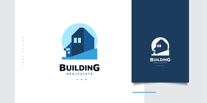 Blue Building Logo Design for Real Estate Business Identity. Modern House Logo or Icon. Architecture or Construction Industry Logo