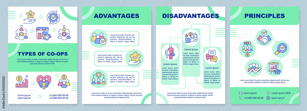 Wall mural Business co-ops green brochure template. Partnership work. Leaflet design with linear icons. 4 vector layouts for presentation, annual reports. Arial-Black, Myriad Pro-Regular fonts used