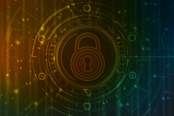 Digital Padlock on abstract technology background, Technology security concept. Modern safety digital background. Protection system, Cyber Security and safety information, personal data concept