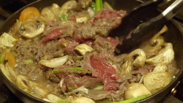 Cooking Korean Beef Hot Pot. Korean Food Bulgogi Jeongol. close up