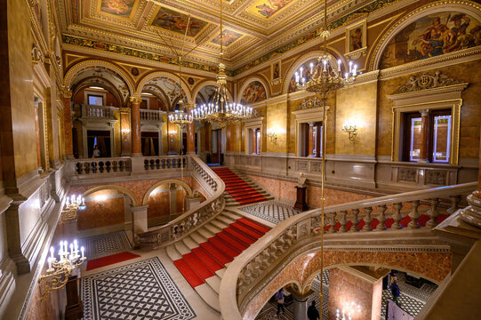Budapest, Hungary - 02.05.2022: Interior of the Hungarian Royal State Opera House, considered one of the architect's masterpieces and one of the most beautiful in Europe.	
