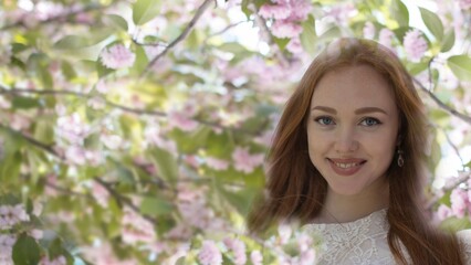Fototapeta premium beautiful girl among sakura flowers, collage