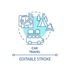 Car travel turquoise concept icon. Family leisure and vacation. Quality time together abstract idea thin line illustration. Isolated outline drawing. Editable stroke. Arial, Myriad Pro-Bold fonts used
