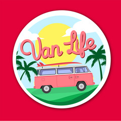 Van life sticker. Red Combi with a Surfboard on the road with background sunset. Van life vector. traveling by van. Campervan. furgoneta. camping. motorhome. road trip.