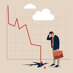 Upset man employee or worker stressed with bad financial statistics. Unhappy businessman stand near graph going down distressed with business bankruptcy or crisis. Flat vector illustration. 