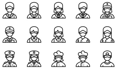 Set of Vector Icons Related to Avatars With Medical Masks. Contains such Icons as Reception, Business Man, Delivery Man, Bartender, Doctor, Police and more.