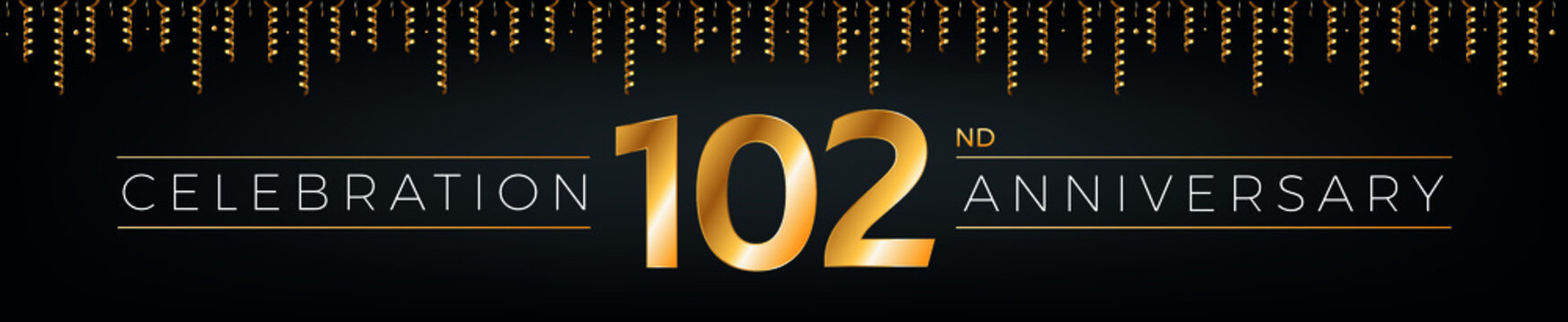 102nd anniversary. One hundred two years birthday celebration horizontal banner with bright golden color.
