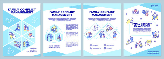 Family conflict management brochure template. Family relationship. Leaflet design with linear icons. 4 vector layouts for presentation, annual reports. Arial-Black, Myriad Pro-Regular fonts used