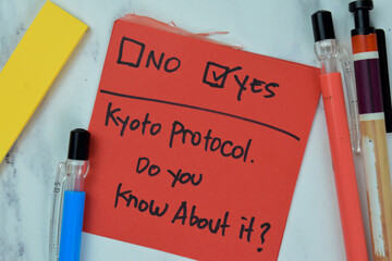 Concept of Kyoto Protocol, Do you know about it? No or Yes write on sticky notes isolated on Wooden...