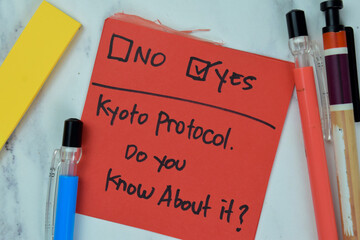 Concept of Kyoto Protocol, Do you know about it? No or Yes write on sticky notes isolated on Wooden Table.