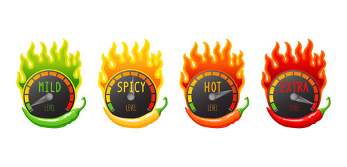 A set of four hot chili peppers, different colors, red, yellow, orange and green. Spiciness level, mild; spicy, hot, extra. Element for packing. - obrazy, fototapety, plakaty