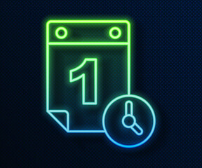 Glowing neon line Time management icon isolated on blue background. Clock and calendar sign. Productivity symbol. Vector