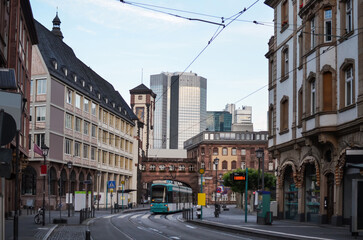 Naklejka na ściany i meble Beautiful view of city street with buildings on sunny day