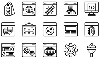 Set of Vector Icons Related to SEO And Marketing. Contains such Icons as Seo Tag, Keywords, Site Map, Feedback, Traffic, Ranking and more.