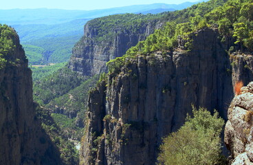 View of the majestic mountains with trees on top of them in Tazi Canyon, Antalya region, southern Turkey