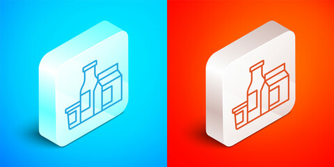 Isometric line Milk product icon isolated on blue and red background. Silver square button. Vector