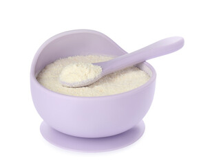 Dry healthy baby food in bowl on white background