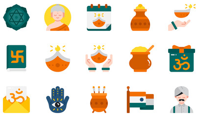Set of Vector Icons Related to Diwali. Contains such Icons as Anahata, Buddha, Dhanteras, Diwali, Diya, Hamsa and more.