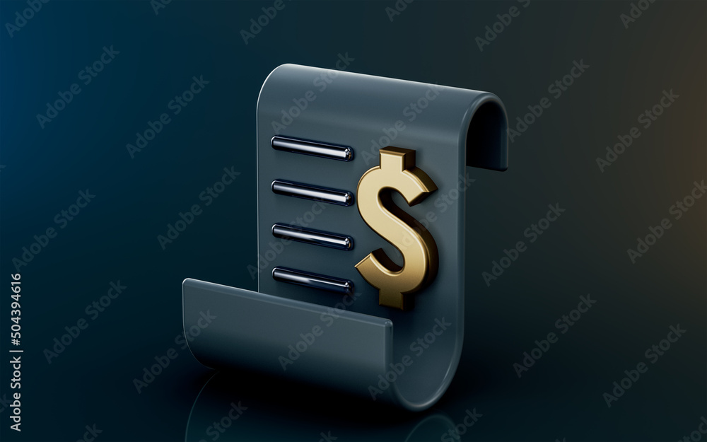 Poster dollar invoice icon on dark background 3d render concept for bill or statement progress report