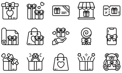 Set of Vector Icons Related to Gift. Contains such Icons as Gift Box, Gift Card, Gift Voucher, Lollipop, Mobile Phone, Ring and more.