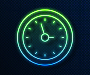 Glowing neon line Clock icon isolated on blue background. Time symbol. Vector