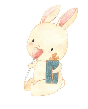 Watercolor bunny with gift, illustration for kids