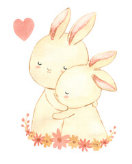 Watercolor bunny mother and baby, illustration for kids