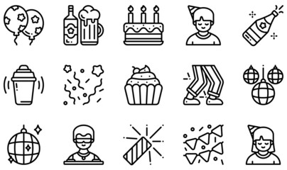 Set of Vector Icons Related to Party. Contains such Icons as Balloons, Birthday Cake, Champagne, Confetti, Disco, Garland and more.