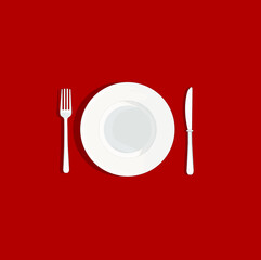 Table setting on red background, top view. Plate, knife and fork on the red cloth. Vector illustration in flat style. Dinner flat graphic, food sign with plate, fork and knife - vector eps10